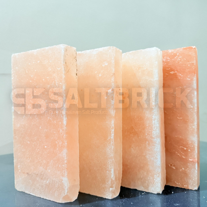 Four Himalayan salt blocks stacked on a reflective surface with 'SALT BRICK' branding.