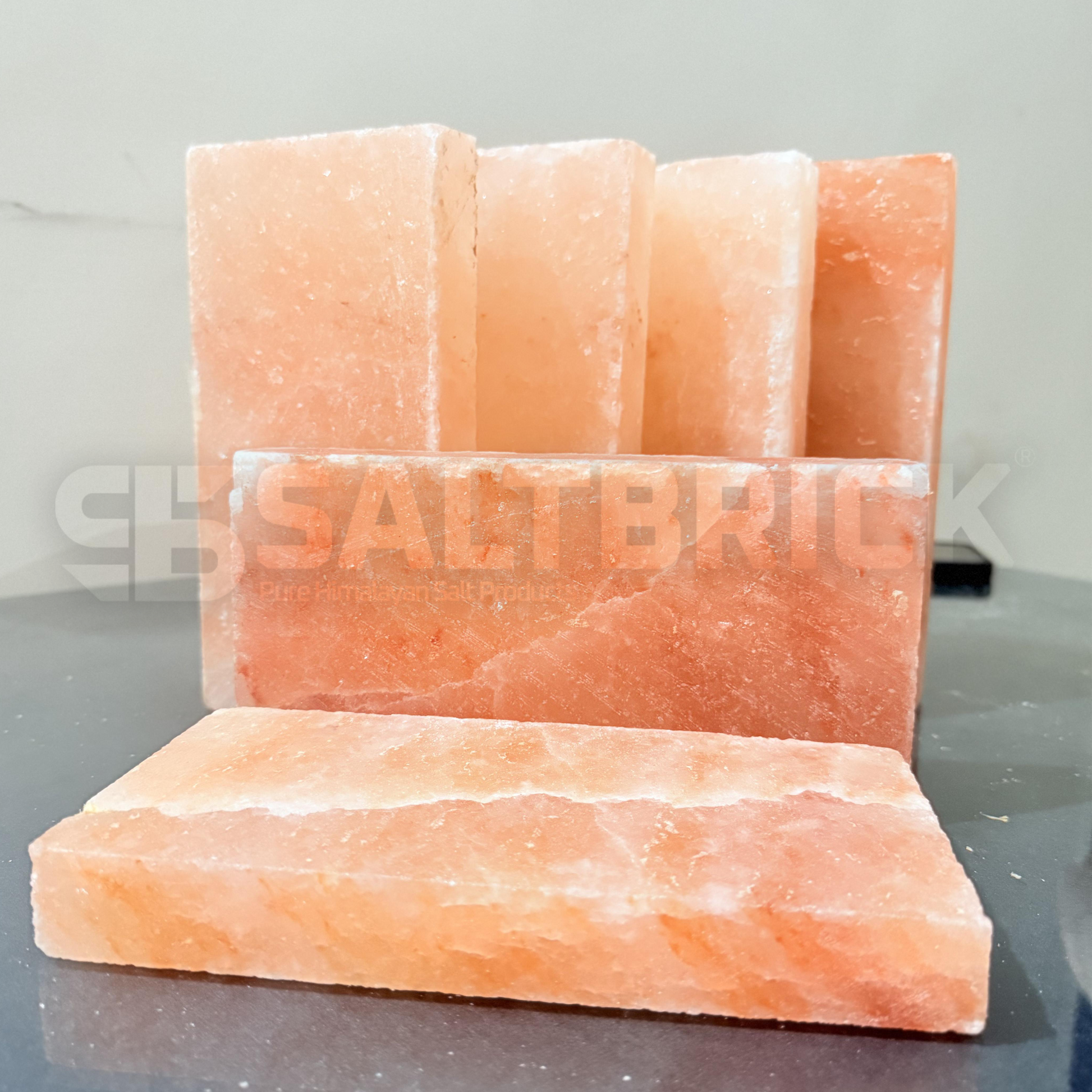 Himalayan salt brick on a gray surface with 'SALT BRICK' branding.