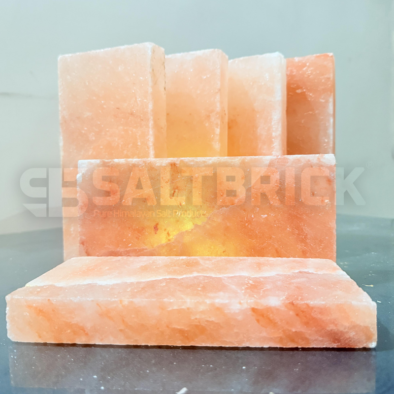Himalayan salt brick on a reflective surface with a light gray background